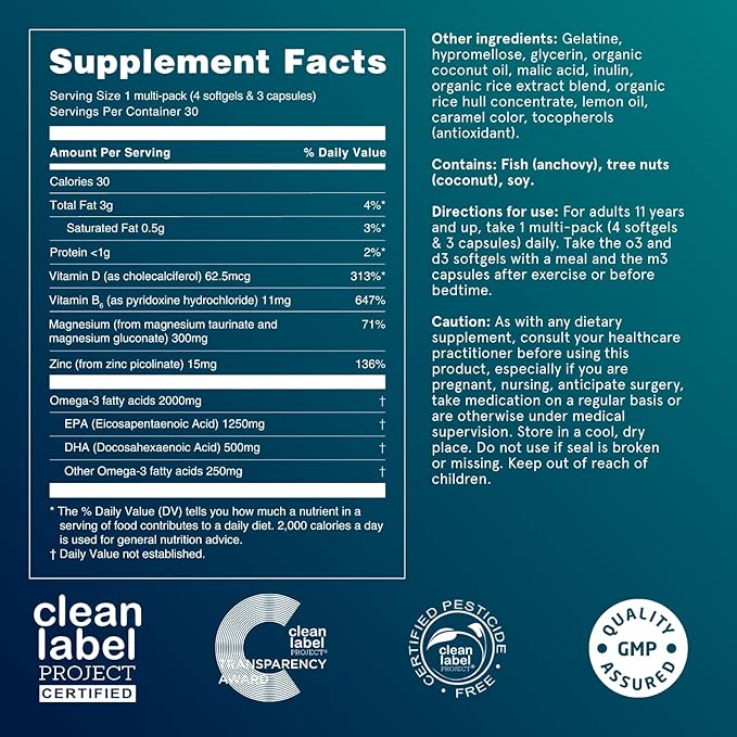 Puori P3 Health Essentials with Magnesium Zinc Complex Omega 3 Fish Oil &amp Vitamin D3 Supplements - Men &amp Womens Daily Multi-Vitamins for Immune System Support &amp Overall Health - 30 Servin
