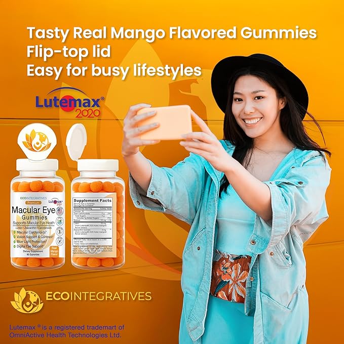 Premium Macular Eye Gummies with Lutemax 2020 – Lutein &amp Zeaxanthin Carotenoids for Eye Health Blue Light &amp Vision Support Real Mango Flavor Easy Flip-Top Lid 60 Gummies