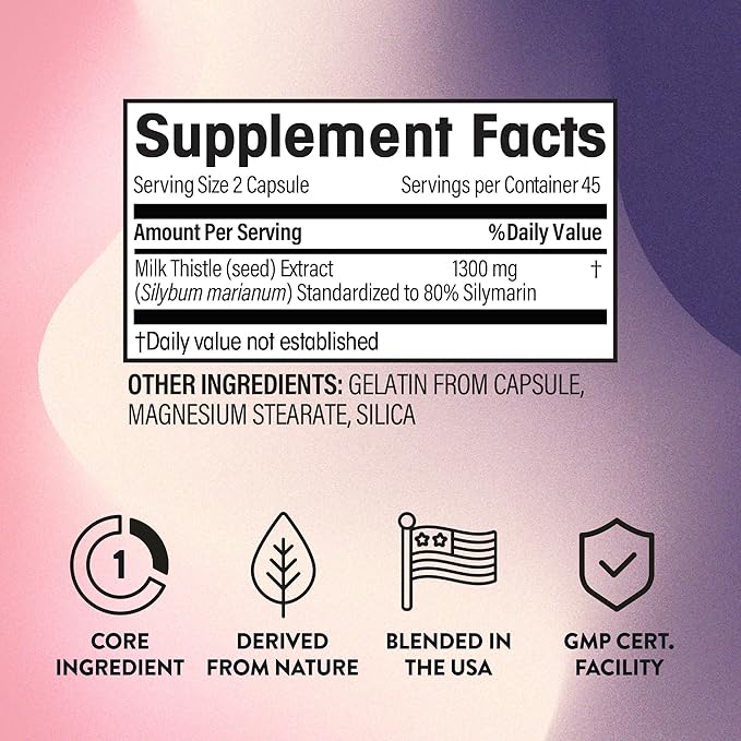 NGL Milk Thistle Extract 1300mg - 80% Silymarin Standardized - 90 Capsules for Liver Support 45 Servings