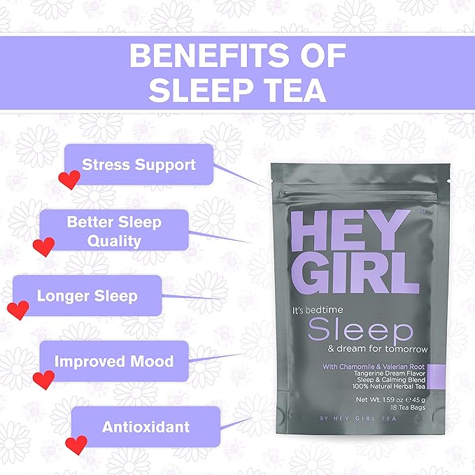 Hey Girl Sleep Tea - Natural Herbal Bedtime Tea Bags with Chamomile Passion Flower Valerian Root Lemon Balm - Calming Relaxing Adults Sleepy Night Time Tea - Relaxation Gifts for Women 3-packs