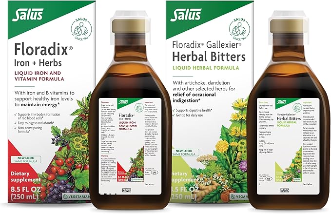 Floradix by Salus Gallexier Herbal Bitters (8.5 oz) &amp Iron &amp Herbs (8.5 oz) Bundle - Herbal Bitter for Digestive Support* - Iron Supplement for Healthy Energy Support*