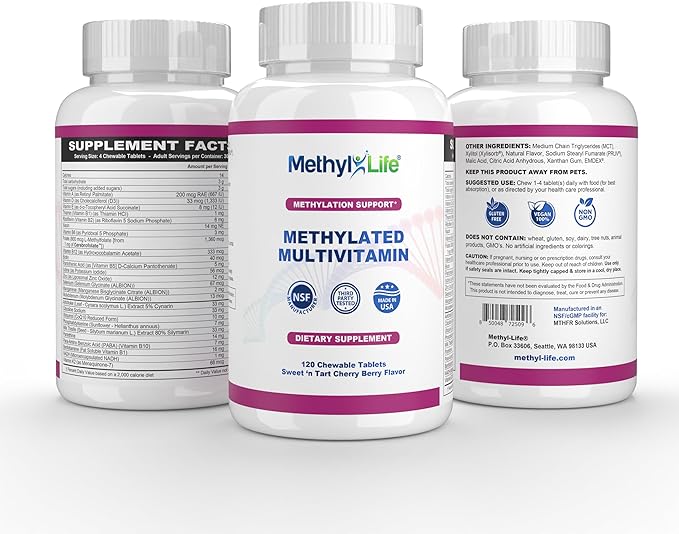Methyl-Life® Methylated Multivitamin – Chewable Multi with Active Folate (Cerebrofolate®) &amp B12 – High Absorption Vegan Non-GMO Gluten-Free | 120 Tablets