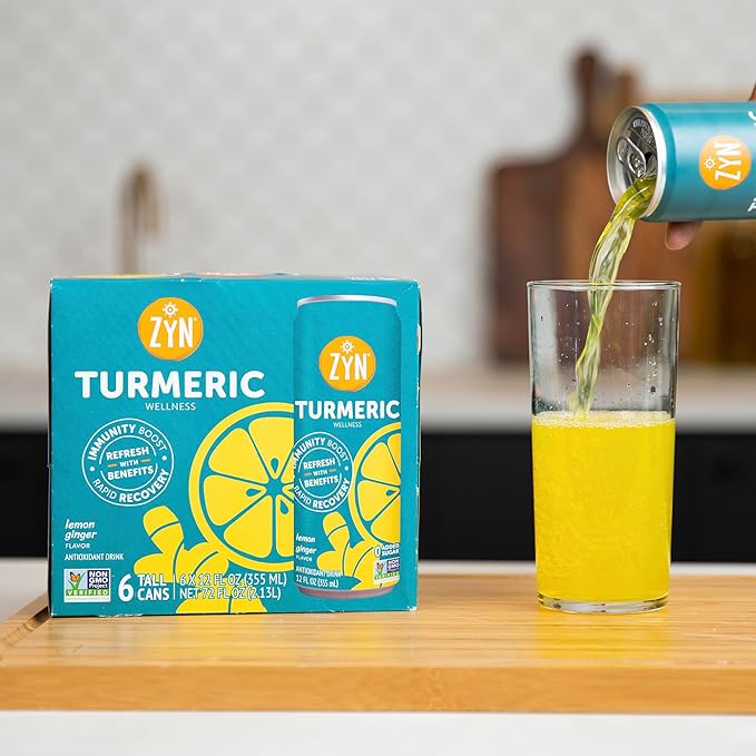 ZYN Turmeric Wellness Drink (24 Pack) Lemon Ginger Flavored Turmeric Curcumin with Black Pepper No Added Sugar Low Carb &amp Low Calorie Clean Alternative