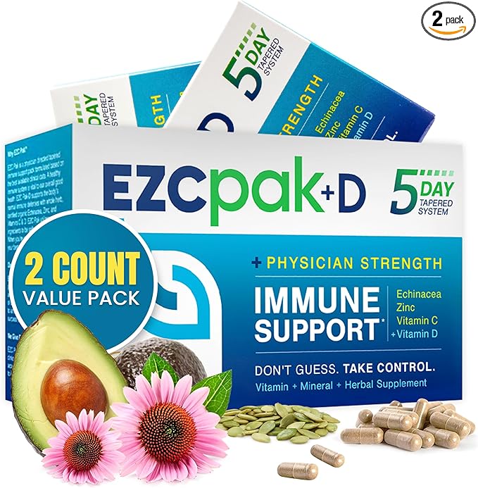 EZC Pak 5-Day Immune System Booster with Echinacea Vitamin C Zinc &amp Vitamin D - Tapered Immune Support Supplement for Adults - Supports Immunity Easy Travel-Size Supplement Pack - (Pack of 2)