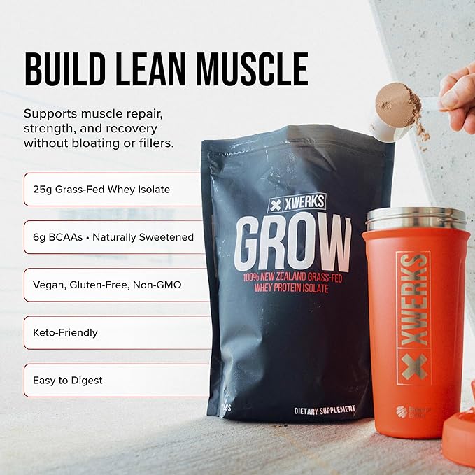 Xwerks Grow Whey Protein Powder 25g Pure Isolate Protein from New Zealand Grass Fed Cows Builds Strength and Speeds Recovery Paleo and Keto Friendly Soy and Gluten Free Chocolate 30 Servings