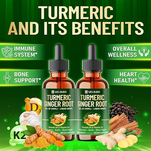 7in1 Liquid Turmeric Curcumin with Vitamin D3 Vitamin K2 Ginger Ceylon Cinnamon Garlic Black Pepper - Drops Extract - 2 Packs of 30ml - 2 Month Supply