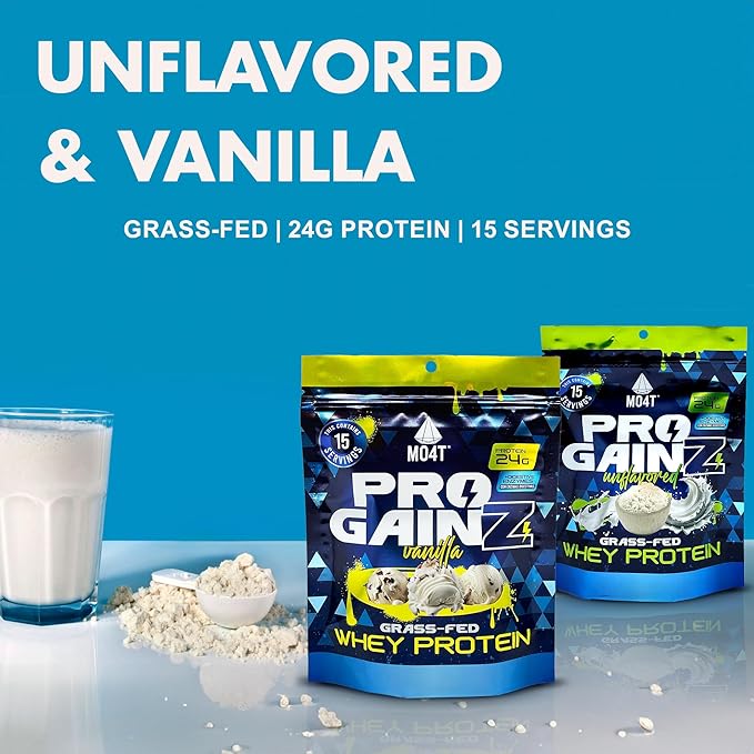 MO4T ProGainz - Grass-Fed Whey Protein Concentrate Powder - Whey Concentrate with Digestive Enzymes - 24g of Whey Concentrate Protein per Serving- Proteina para ganar masa Muscular
