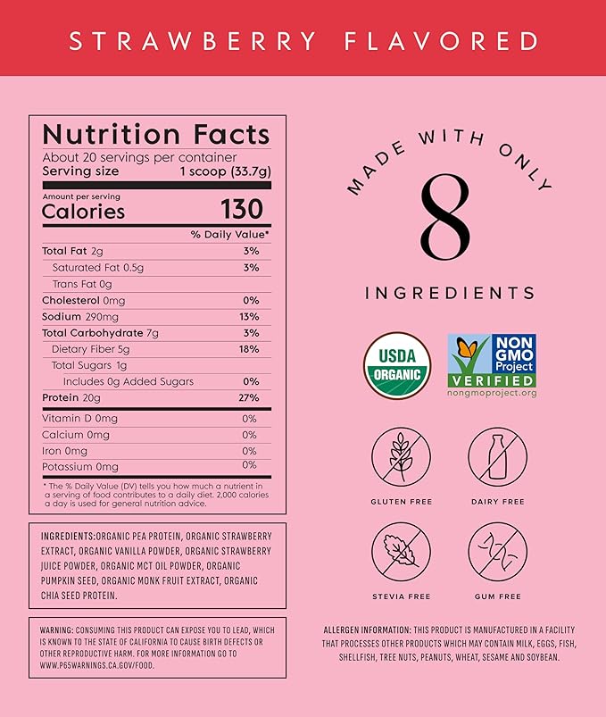 Truvani Vegan Pea Protein Powder | Strawberry | 20g Organic Plant Based Protein | 20 Servings | Keto | Gluten &amp Dairy Free | Low Carb | No Added Sugar