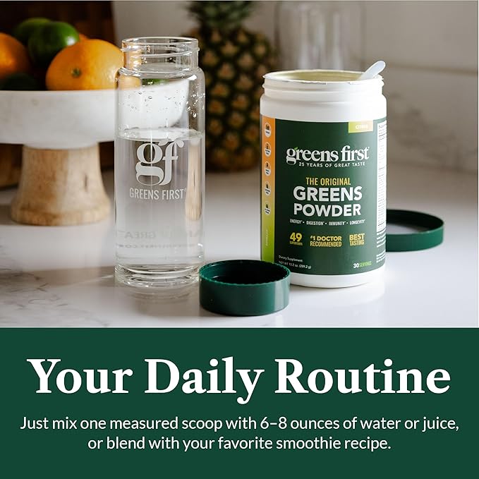 Greens First Original Greens Powder - 49 Superfoods - Organic Fruits &amp Veggies - Prebiotics Probiotics &amp Digestive Enzymes - Antioxidant Smoothie - Dairy Free/Vegan/Non-GMO (Citrus 60 Servin