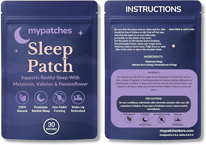 Sleep Patch – Rest &amp Recovery Patch – Transdermal Vegan Night Support with Melatonin Valerian Root &amp Passionflower – Promotes Restful Sleep – 30 Patches
