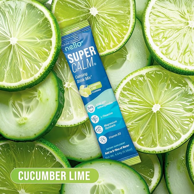 Nello Supercalm Powdered Drink Mix Cortisol Reducer and Sleep Aid Supplement L Theanine Ksm-66 Ashwagandha Magnesium Glycinate Vitamin D 3 No Sugar Non GMO On The Go 20 Ct Cucumber Lime