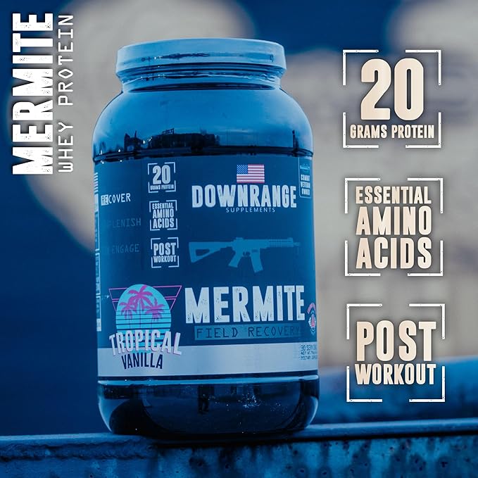 DownRange Mermite Whey Protein Powder Post Workout Muscle Recovery &amp Energy Support Drink Mix Supplement with 20g Whey Protein 9g Amino Acid 30 Servings (Vanilla)