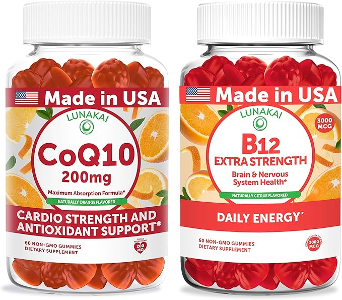 Lunakai USA Made CoQ10 200mg + B12 Extra Strength 3000mcg Gummies Bundle – Naturally Flavored Non-GMO – 60ct Each