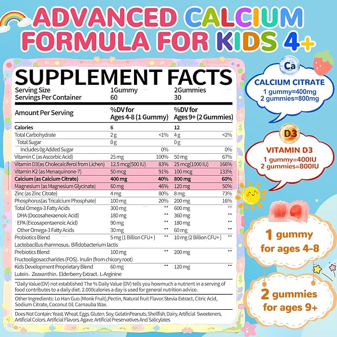 Kids Calcium Citrate Gummies: Organic Chewable Calcium Supplement with Vitamin D3 K2 Magnesium Zinc Vegan Omega Probiotic - Sugar Free High Absorption Gummy for Kids Overall Health (60Count)
