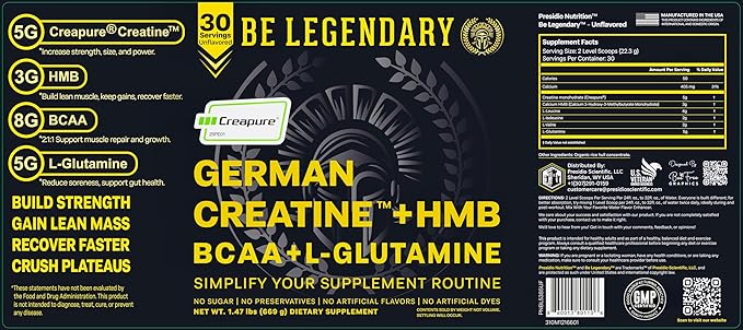Creapure® German Creatine + HMB | Build Strength | Gain Lean Muscle | Recover Faster | Crush Plateaus | 5G Creapure® Creatine Monohydrate | 3G HMB | 8G BCAA | 5G L-Glutamine | 30 Servings | Unflavored
