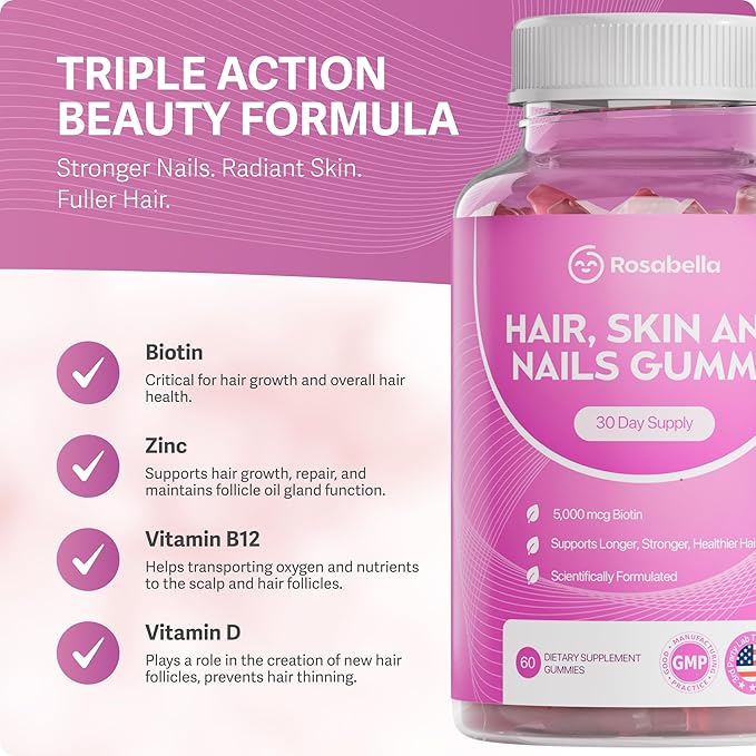 Rosabella Hair Growth Gummies for Women &amp Men – Vegan Hair Gummies with 5000mcg Biotin – Hair Vitamins for Strong Healthy-Looking Hair – Gummy Biotin Supplement – 60 Count