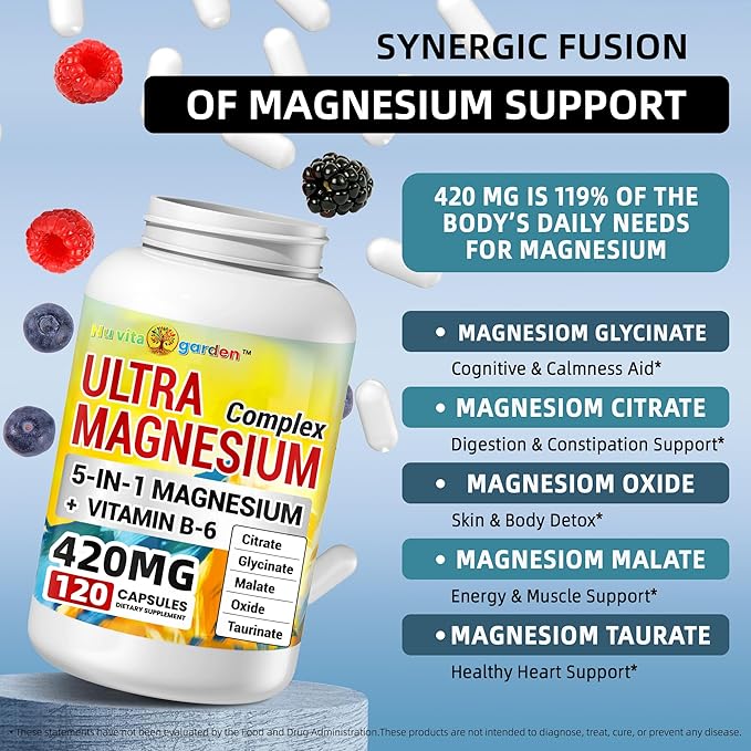 420mg Magnesium Complex + 30mg Vitamin B6 - High Absorbency &amp Gluten-Free Supports Bone Heart Joint Health &amp Sleep with Citrate Malate Glycinate Taurinate Oxide - 120 Caps
