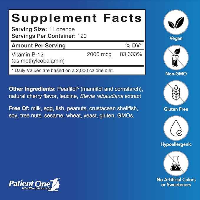 Patient One Vitamin B12 2000mcg Lozenges | Supplement to Support Energy and Heart and Nervous System Health* | Methylcobalamin Form | 120 Lozenges
