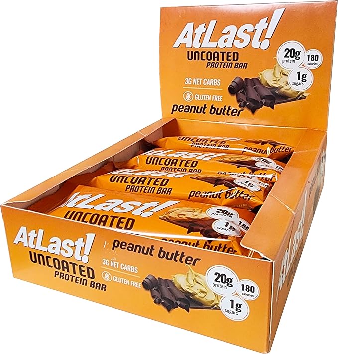 AtLast! Peanut Butter Protein Bars – Low Carb Keto-Friendly High Protein Gluten-Free Low Sugar Snack – 20g Protein Only 3g Net Carbs – Box of 12