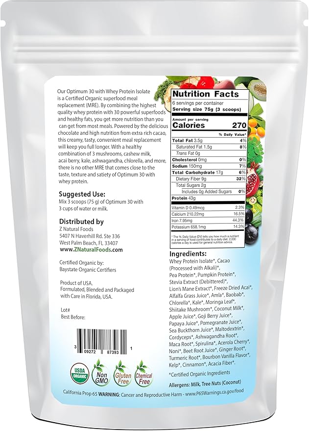 Z Natural Foods Optimum 30 Organic Chocolate Whey Meal Replacement Powder
