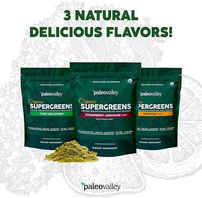 Paleovalley Organic Supergreens - Organic Greens Powder Superfood for Immune Support - Paleo Green Powder Blend - 28 Servings - 23 Superfoods - Gluten Free No Cereal Grasses Soy or Grain