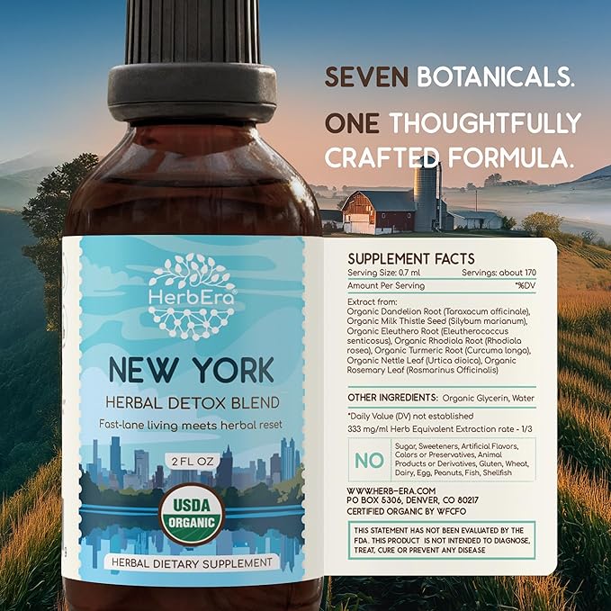 HerbEra New York Herbal Detox Blend - USDA Organic Extract Made in USA | Immune &amp Liver Support Liquid Drops | Dandelion Root Eleuthero Milk Thistle Rhodiola Turmeric | 2 fl oz