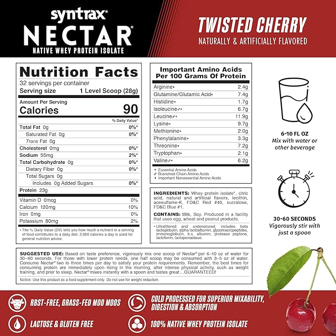 Syntrax Nutrition Nectar 100% Whey Protein Isolate PowderRefreshing Fruit Juice Flavor Twisted Cherry 2 lbs