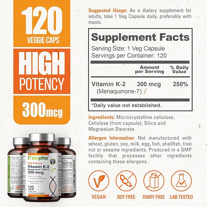 biophix Vitamin K2 MK-7 300mcg 120 Vegan Capsules – High-Potency Supplement for Bone Strength and Immune Health