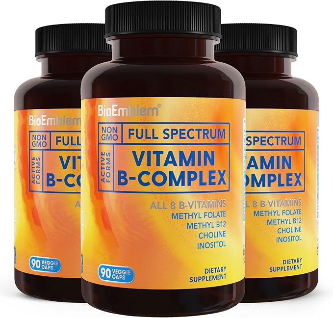 BioEmblem B Complex Vitamins | Complete B-Vitamin Formula with Active Methylated Forms | Supports Energy Mental Clarity &amp Immune Health | Non-GMO Vegan Soy-Free Gluten-Free |270 Capsules