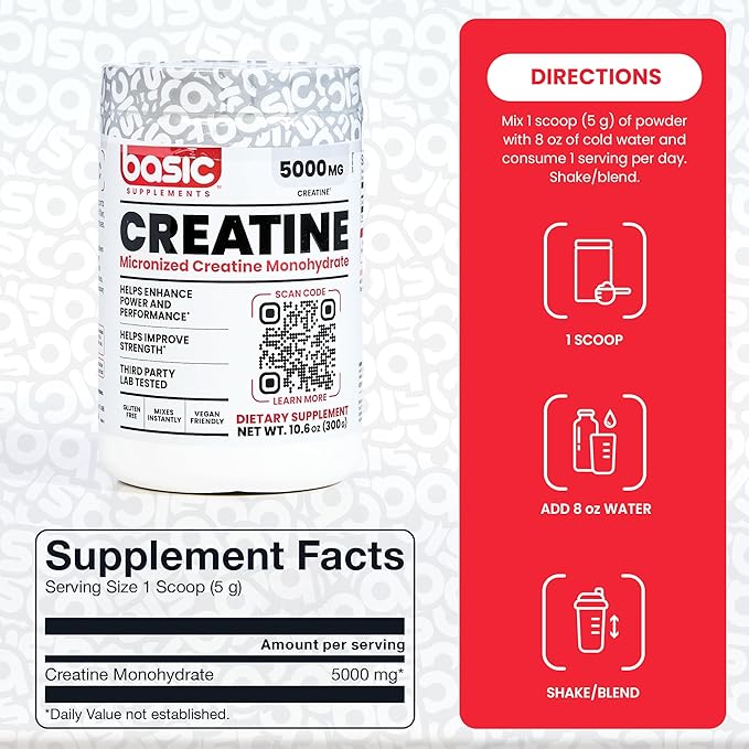Micronized Creatine Monohydrate 5000mg per Serving Helps Enhance Power and Performance Helps Improve Strength Third Party Lab Tested Instant-Mix Gluten Free Vegan Friendly