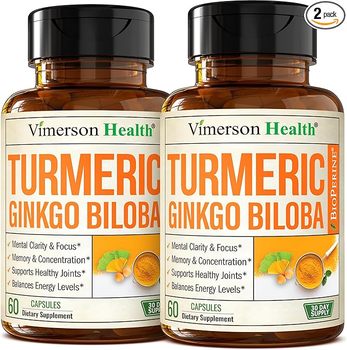 Ginkgo Biloba and Turmeric Curcumin Supplement w/Black Pepper &amp Organic Tumeric – Natural Turmeric Supplement for Focus Memory Joint &amp Brain Health – Vegan Ginko Biloba Capsules w/Curcuma –