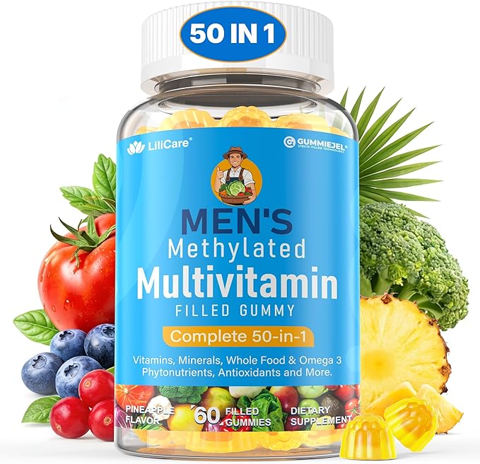 Methylated Multivitamin for Men Gummies Methylated B Complex D3 K2 Zinc Magnesium Whole Food Algae Omega 3 60 Count