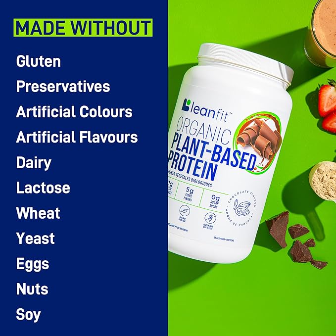 LeanFit Organic Plant-Based Protein Powder Natural Chocolate Flavor - Vegan USDA Organic Certified Soy-Free Gluten-Free Dairy-Free Sugar-Free Non-GMO - 21g Protein 18 Servings 1.58 Pound Tub