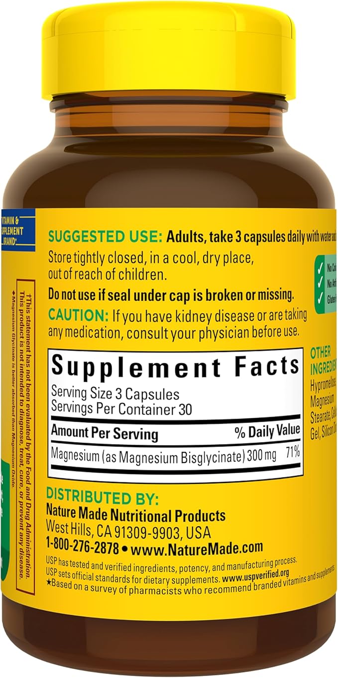 Nature Made High Absorption Magnesium Glycinate 300mg per 3 Capsules Magnesium Supplement for Muscle Heart Nerve and Bone Support 90 Magnesium Bisglycinate Capsules 30 Day Supply