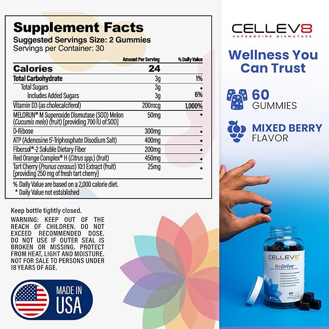 Cellev8 ReDrive Performance Gummies - 60 Count - Antioxidant Cellular Muscle Recovery Endurance Stamina Daily Energy Supplements for Men &amp Women with SOD Vitamin D3 - Raspberry Flavor