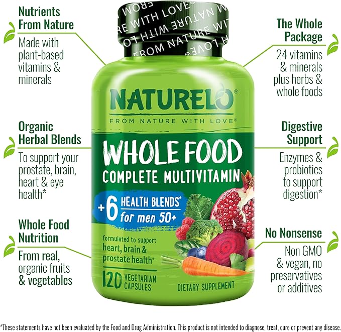 NATURELO Whole Food Multivitamin for Women 50+ (Iron Free) - 120 Vegan Capsules and Whole Food Multivitamin for Men 50+ - 120 Capsules Bundle
