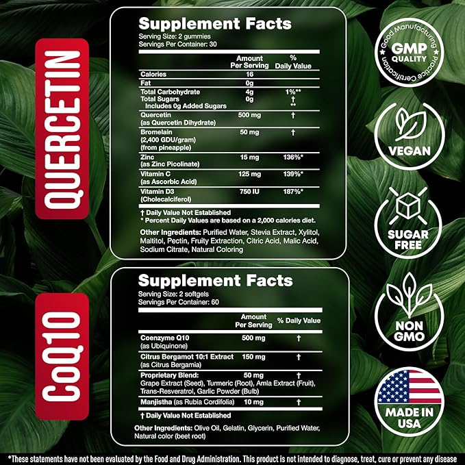 Quercetin with Bromelain &amp CoQ10 500mg Bundle – 120 Coenzyme Q10 Softgels + 60 Sugar-Free Quercetin Gummies with Zinc Vitamin C &amp D3 – Immune Heart &amp Energy Support – USA Made Supplement