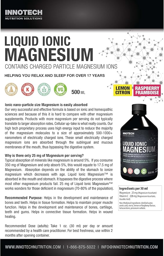 Innotech Nutrition Liquid Ionic Magnesium Sleep &amp Relaxation Support High Absorption Formula with Vitamin C Lemon Flavor 500 mL