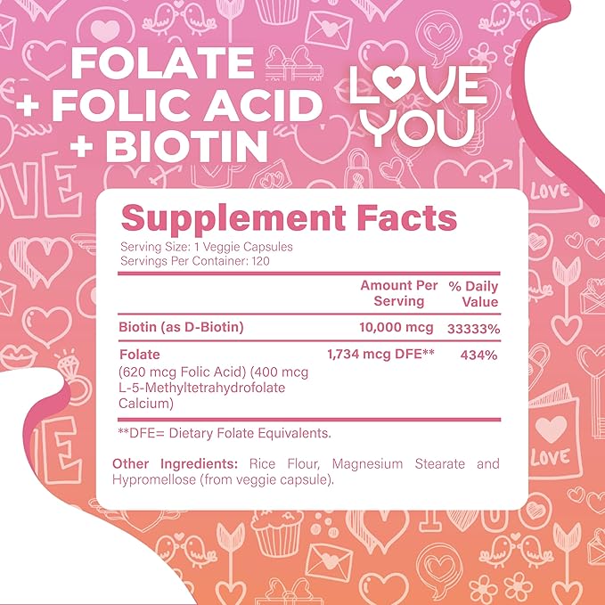 Love You Folate (L-Methylfolate) + Folic Acid + Biotin 10000 mcg - Vitamin B9 &amp B7 Blend for Cellular Function Energy &amp Wellbeing - 120 Vegan Caps