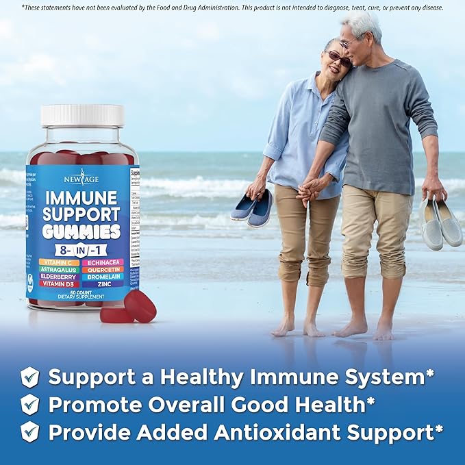 NEW AGE 8 in 1 Immune Support Booster Supplement with Elderberry Vitamin C and Zinc 50mg Vitamin D 5000 IU Quercetin &amp Bromelain (8 in 1 Gummies (Pack of 1))