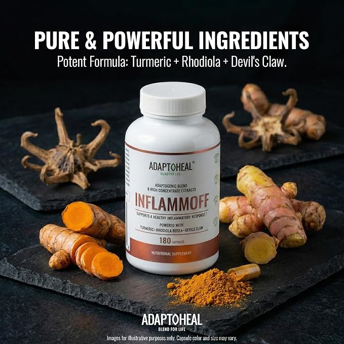 ADAPTOHEAL Inflammoff - Adaptogenic Supplement Designed to Support Joint Muscle and Tissue Inflammation Naturally 8 Highly Concentrated extracts with Turmeric and Rhodiola rosea (180 Capsules)