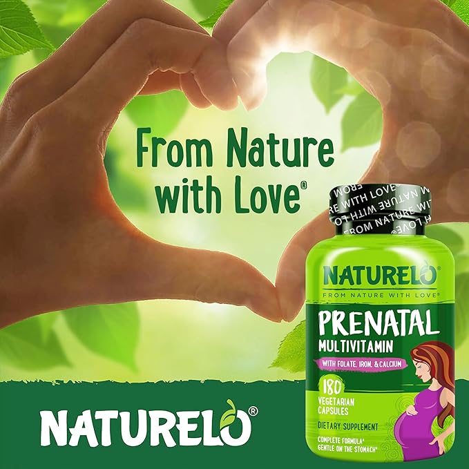 NATURELO Prenatal Multivitamin with Gentle Chelated Iron Methyl Folate Plant Calcium &amp Choline - Vegan Vegetarian - Non-GMO - Gluten Free - 180 Capsules - 4 Month Supply (Pack of 2)