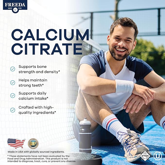 Freeda Pure Calcium Citrate 1000mg per Serving – Kosher Vegan Bone Strength Supplement – Supports Bone Density &amp Muscle Function – Calcium Supplements for Women and Men – No Vitamin D (250 Tablets