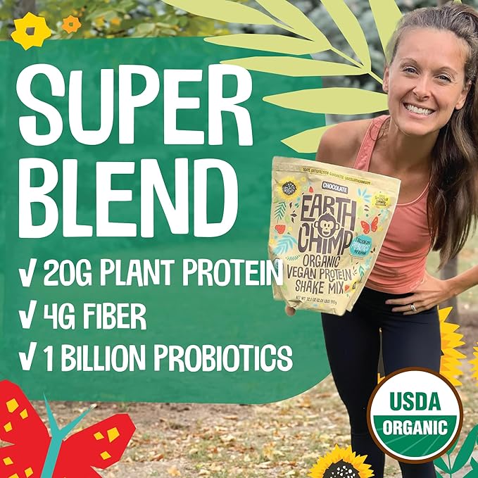 EarthChimp Organic Vegan Protein Powder - with Probiotics - Non GMO Dairy Free Non Whey Plant Based Protein Powder for Women and Men Gluten Free - 52 Servings 64 Oz (Vanilla) No Scoop