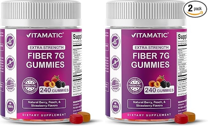 Vitamatic Prebiotic Fiber Gummies for Adults 7G Extra Strength Zero Sugar Added 240 Pectin Based Gummies Digestive Health &amp Regularity Support (Pack of 2)