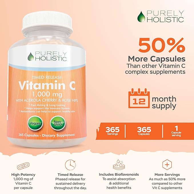 Purely Holistic Magnesium Glycinate 400mg + Vitamin C 1000mg with Rosehip &amp Acerola Cherry Bioflavonoid - Vegan Bundle - 270 Tablets &amp 365 Capsules