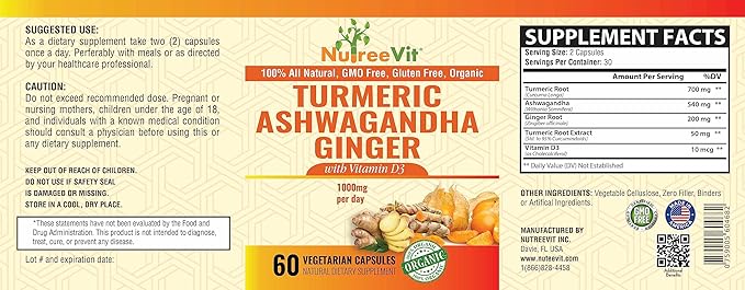 NutreeVit Organic Turmeric with Ashwagandha &amp Ginger - 120 Capsules | Ashwagandha Root &amp Turmeric Supplement with Vitamin D3 | Herbal Supplement for General Wellness