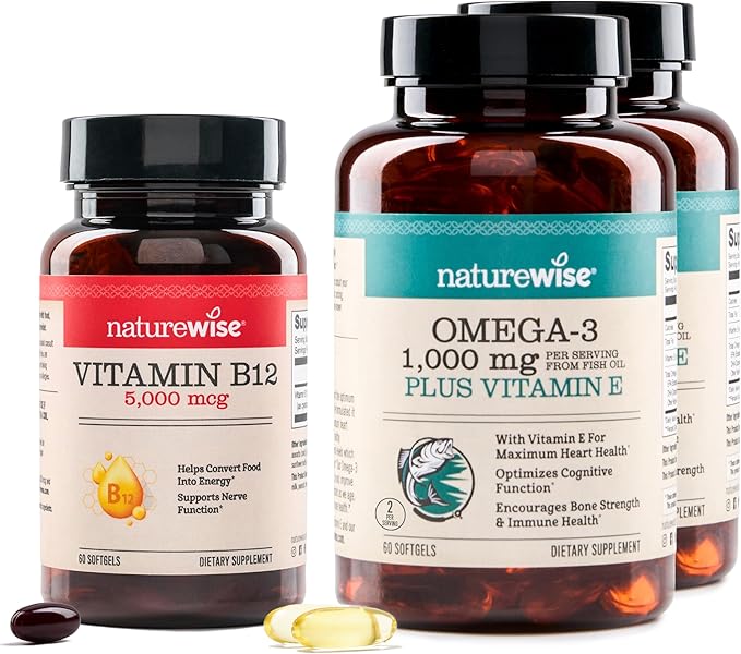 NatureWise [1] Vitamin B12 5000 mcg - Extra Strength - Non-GMO - 60 Softgels[60-Day Supply] + (Pack of 2) Omega 3 Fish Oil 1000mg + Vitamin E - Wild-Caught - 60 Softgels[30-Day Supply]