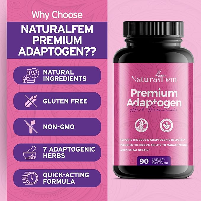 NaturalFem Premium Adaptogens Supplements for Women with Herb Botanicals like Rhodiola Rosea Extract Turmeric Maca Root for Better Adaptogenic Response Focus &amp Mood Support Supplement - 90 Caps