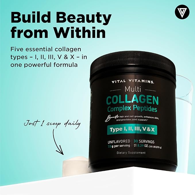 Vital Vitamins Multi-Collagen Powder 30 Servings + Hyaluronic Acid Capsules 60 ct